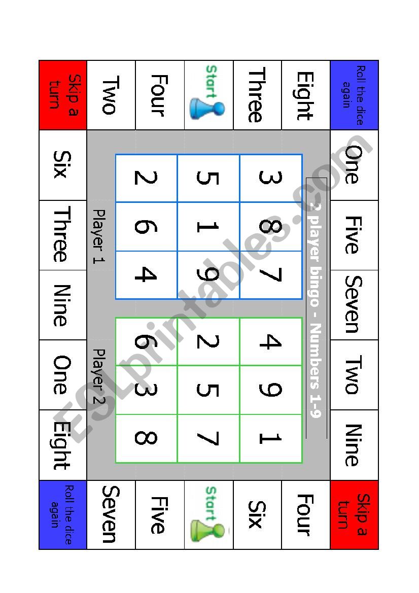 2 player bingo - numbers 1-9 worksheet
