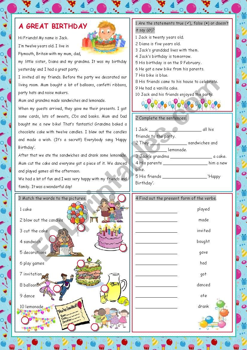 A Great Birthday (Party Time - Reading) - ESL worksheet by kissnetothedit