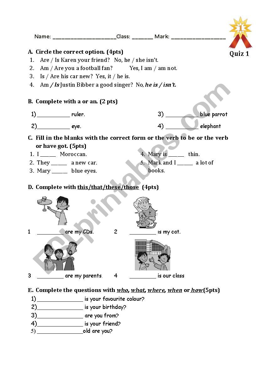 Quiz 1st year worksheet