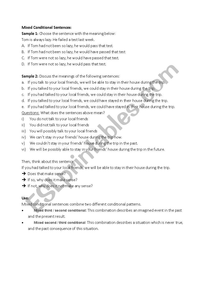 Mixed Conditionals - Grammar Structure Brainstorming