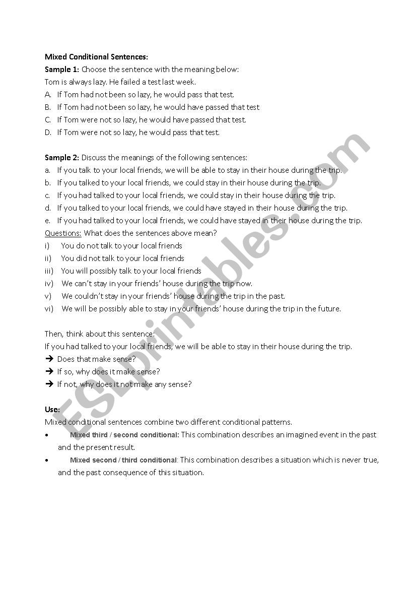 Mixed Conditionals - Grammar Structure Brainstorming