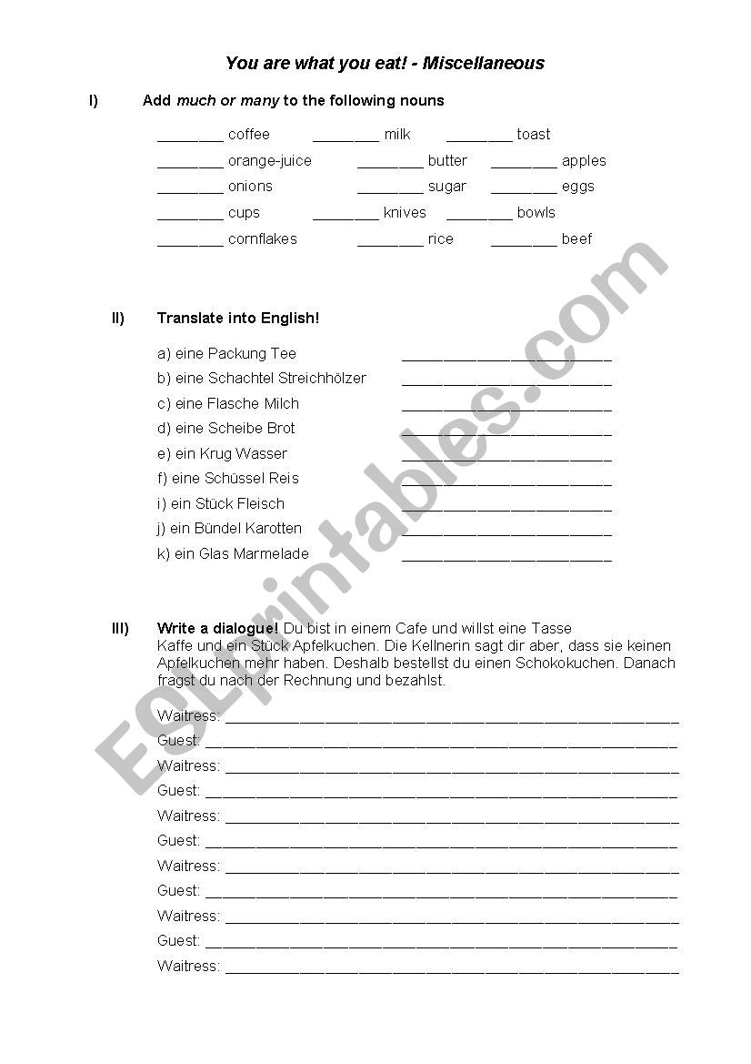 Food and dining out worksheet