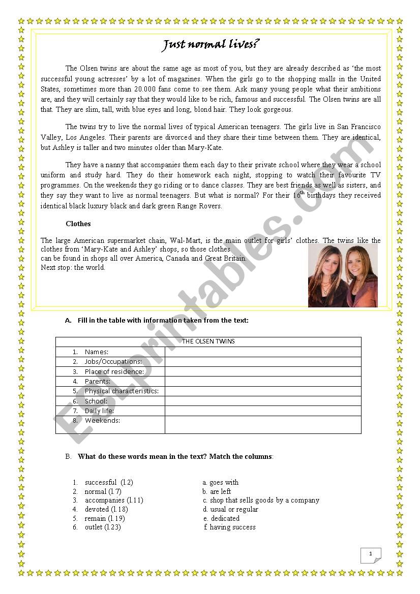 Olsen Twins famous people worksheet