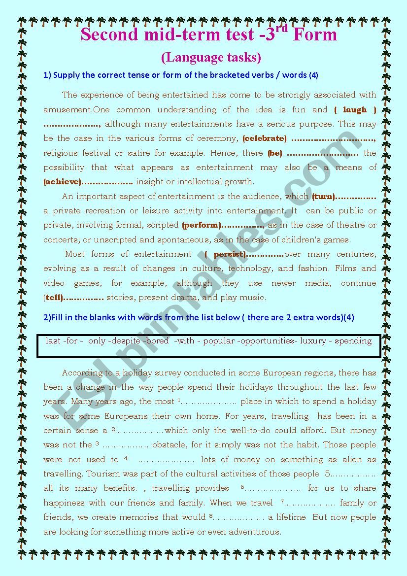 Second Mid-Term Test N° 2 : 3 rd form - ESL worksheet by Nada 2005