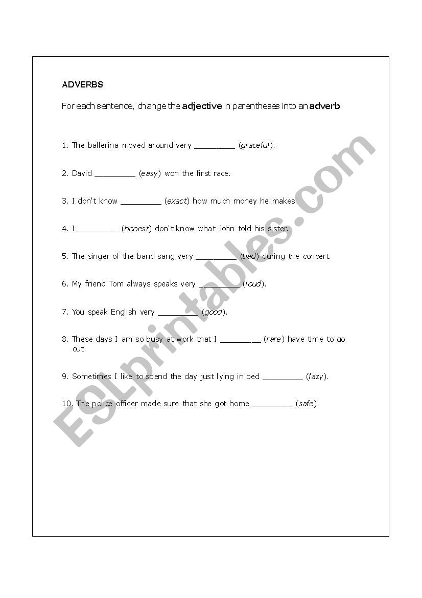 Adjevtives into Adverbs worksheet