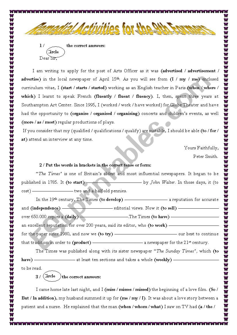 Remedial Tasks (Part 1) worksheet