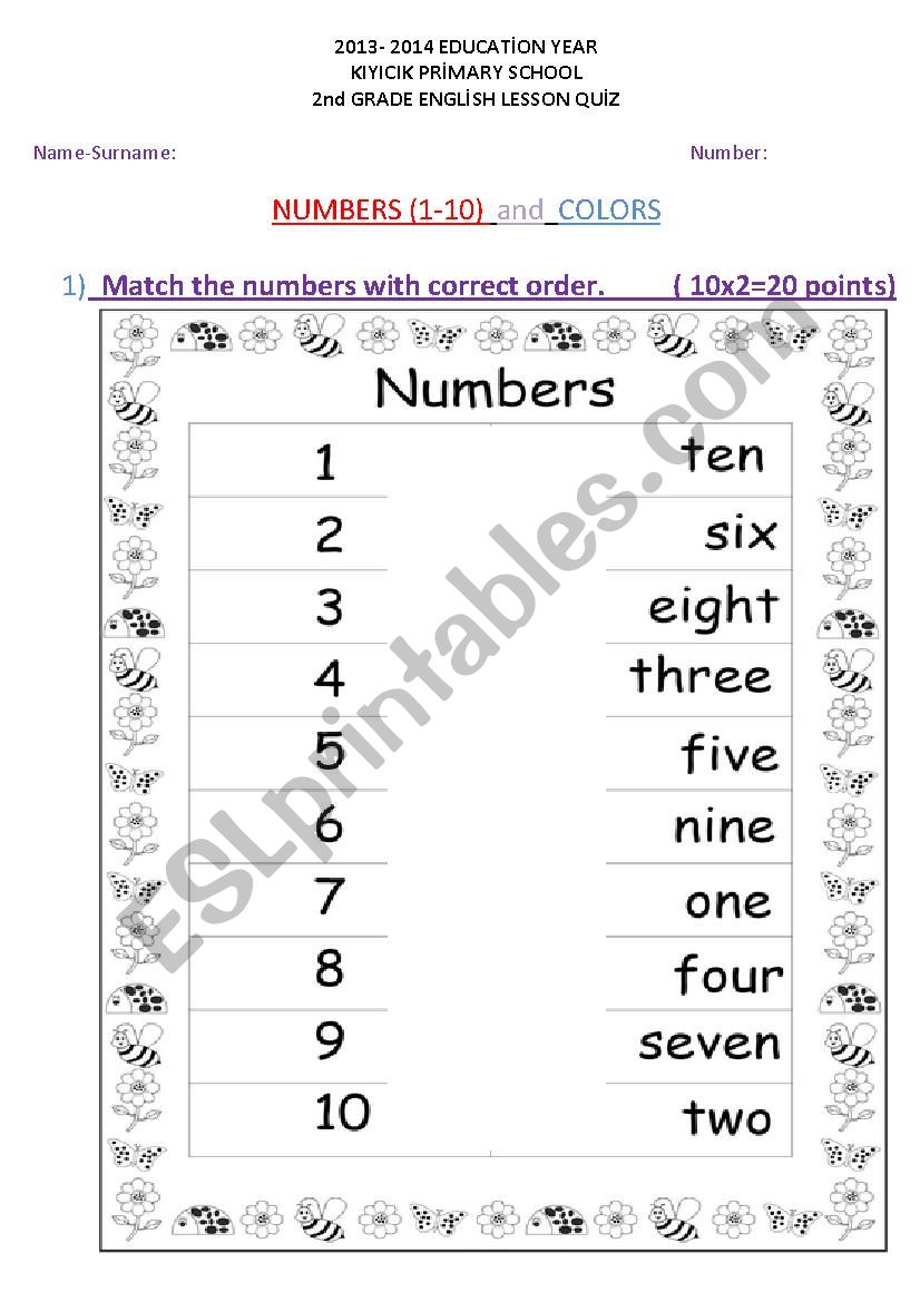 Numbers 1-10 and Colors  Quiz Worksheet