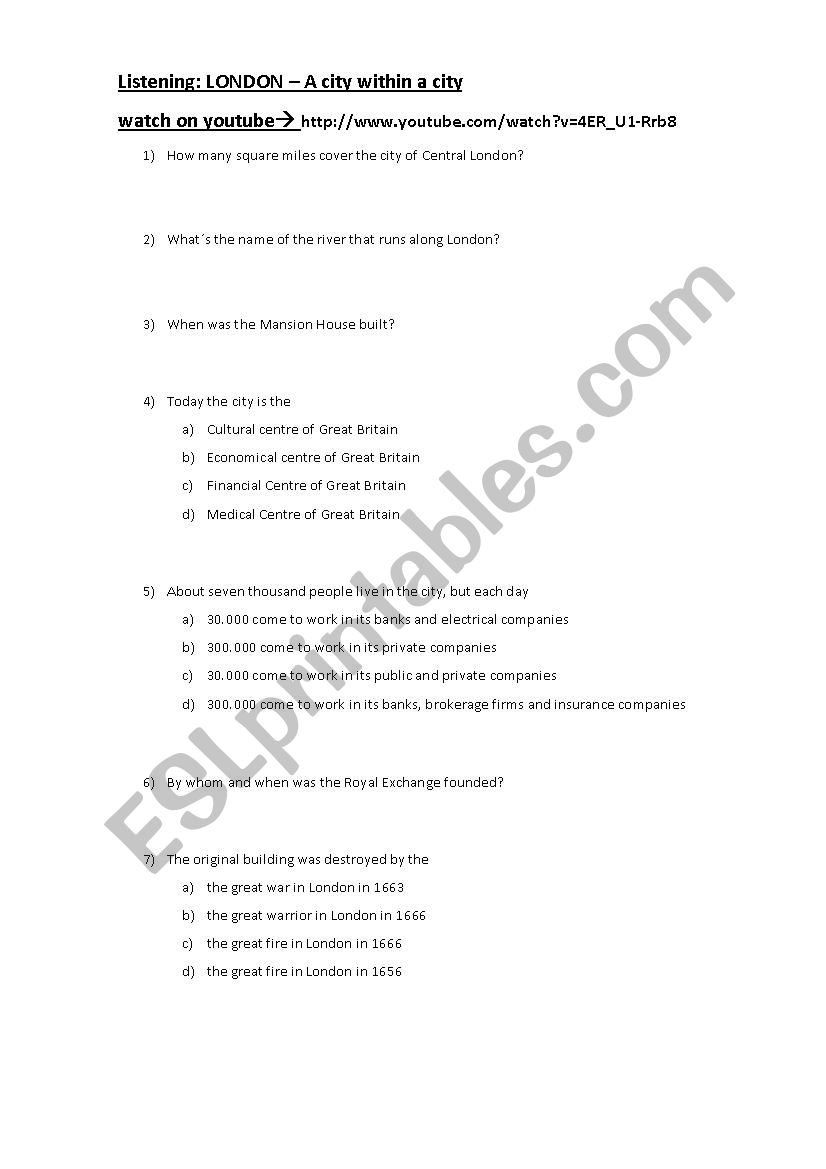 London - a city within a city worksheet