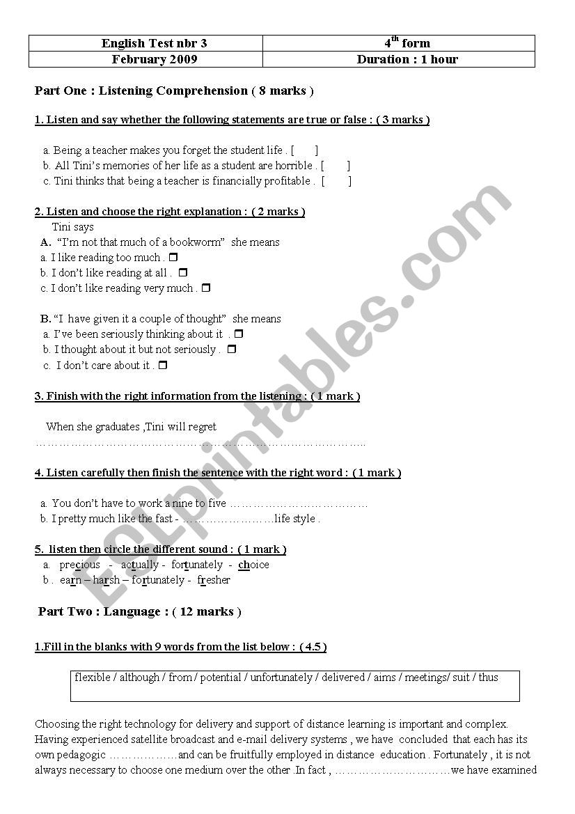English test nbr2 4th form worksheet