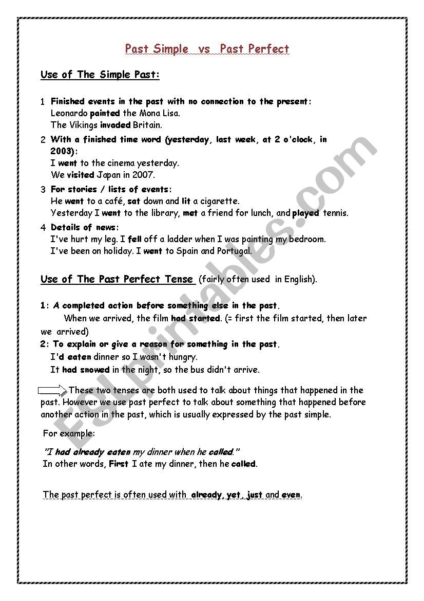 Past Simple vs Past Perfect worksheet