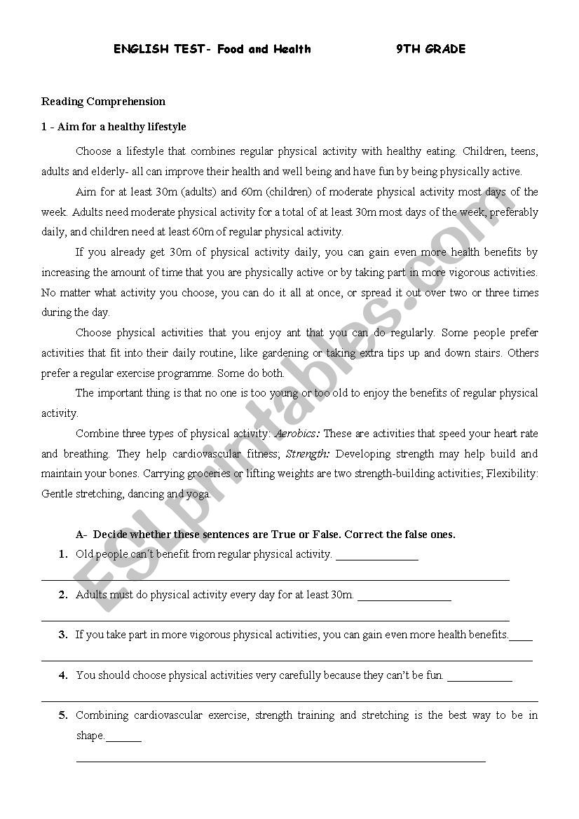 FOOD AND HEALTH worksheet