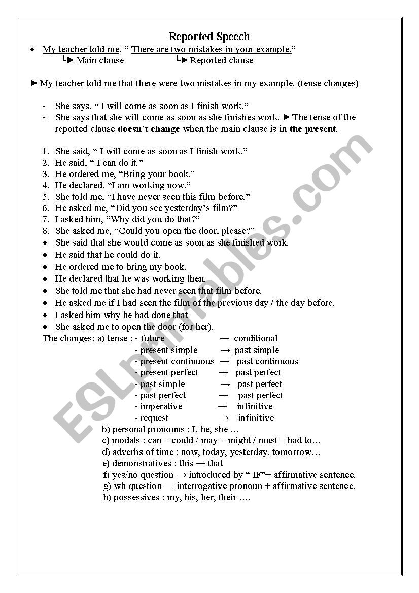 Reported speech worksheet