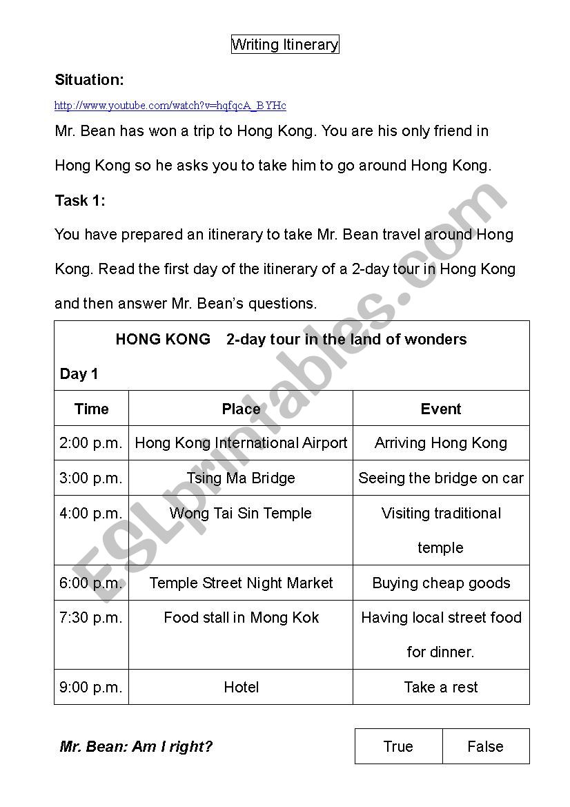 writing itinerary worksheet