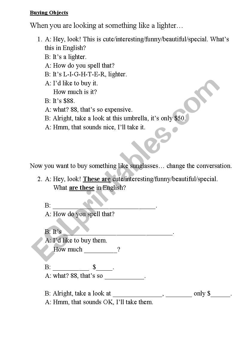 buying objects worksheet