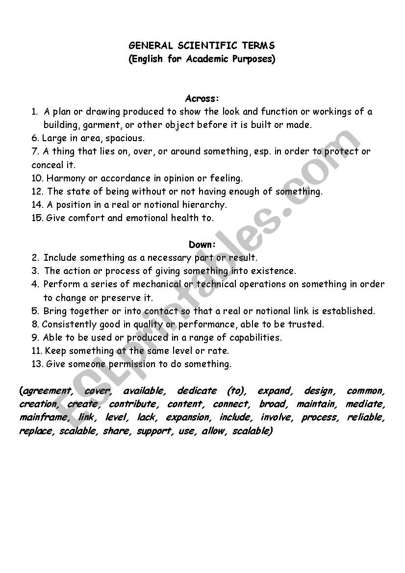 Academic Purposes Vocabulary worksheet