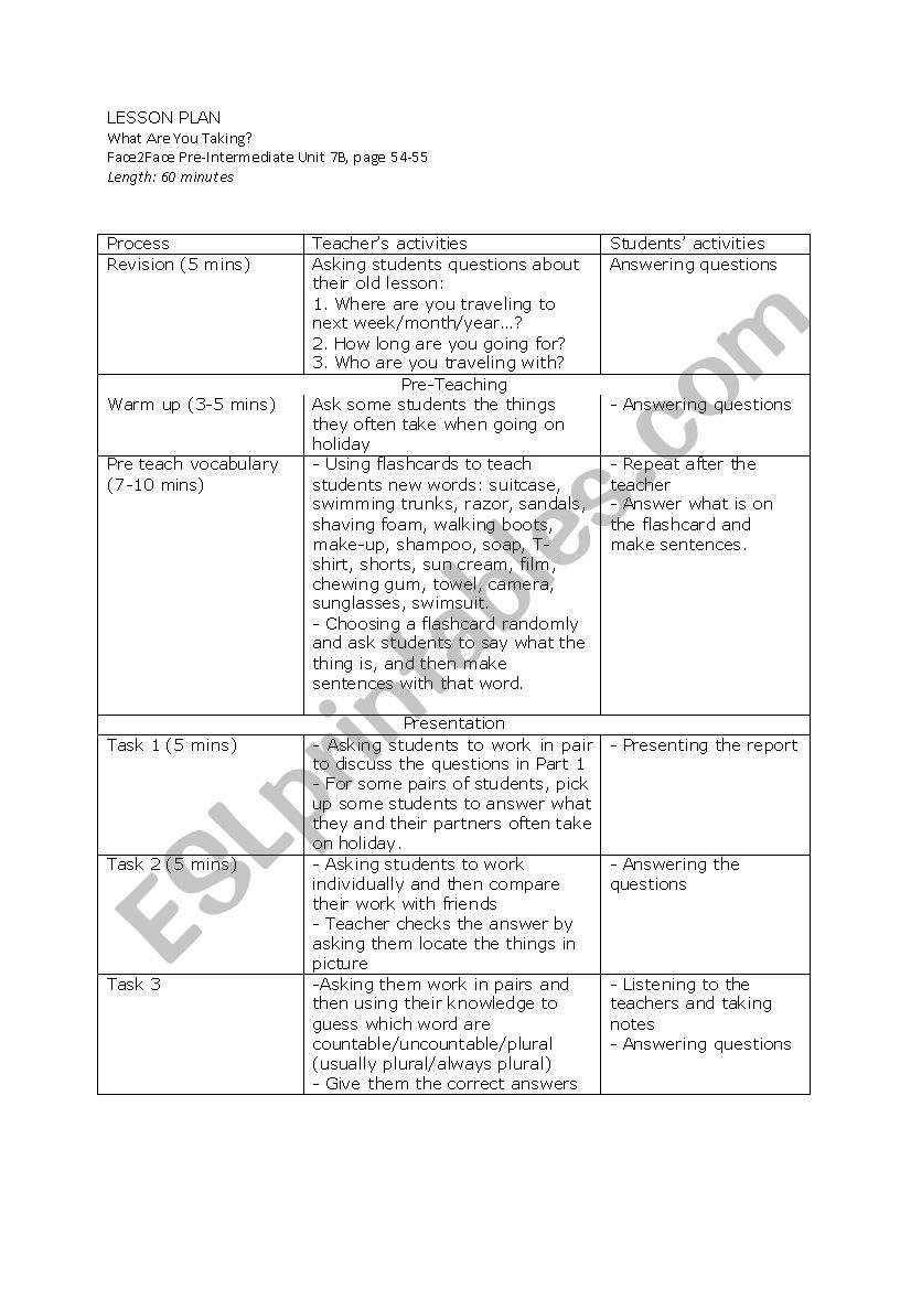 What Are You Taking? Face2Face Pre-Intermediate Unit 7B, page 54-55