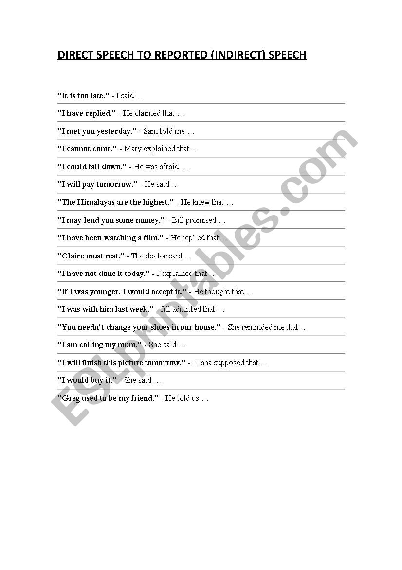 Direct Speech to Indirect worksheet