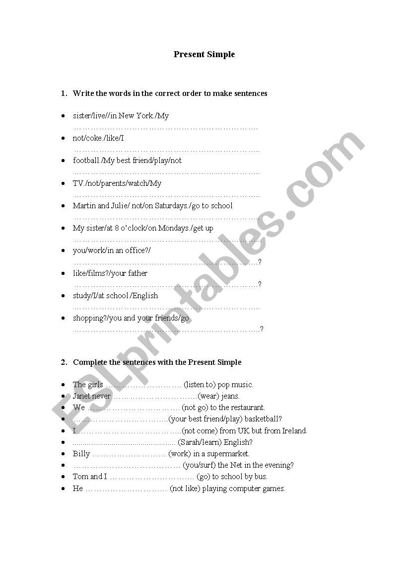 Present Simple Tense worksheet