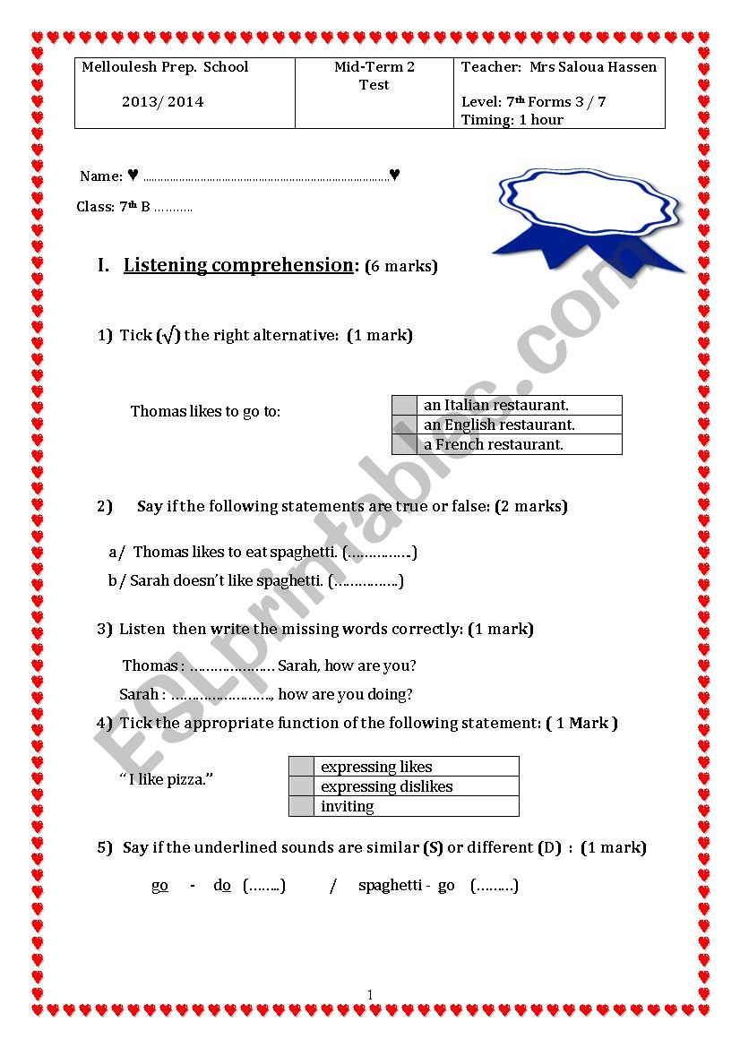 Mid term 2 test 7th form worksheet