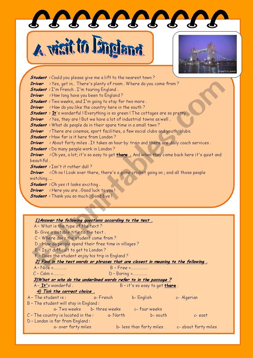 A visit to England  worksheet