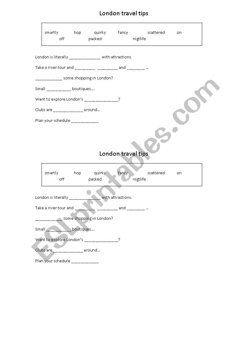 London Travel Tips worksheet
