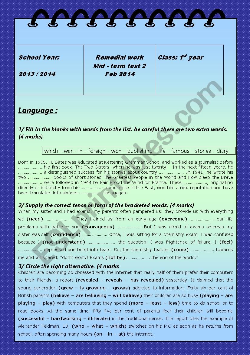 remedial work for 1st year formers (mid - term test 2)