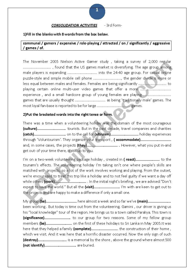 consoldation tasks for 3rd forms