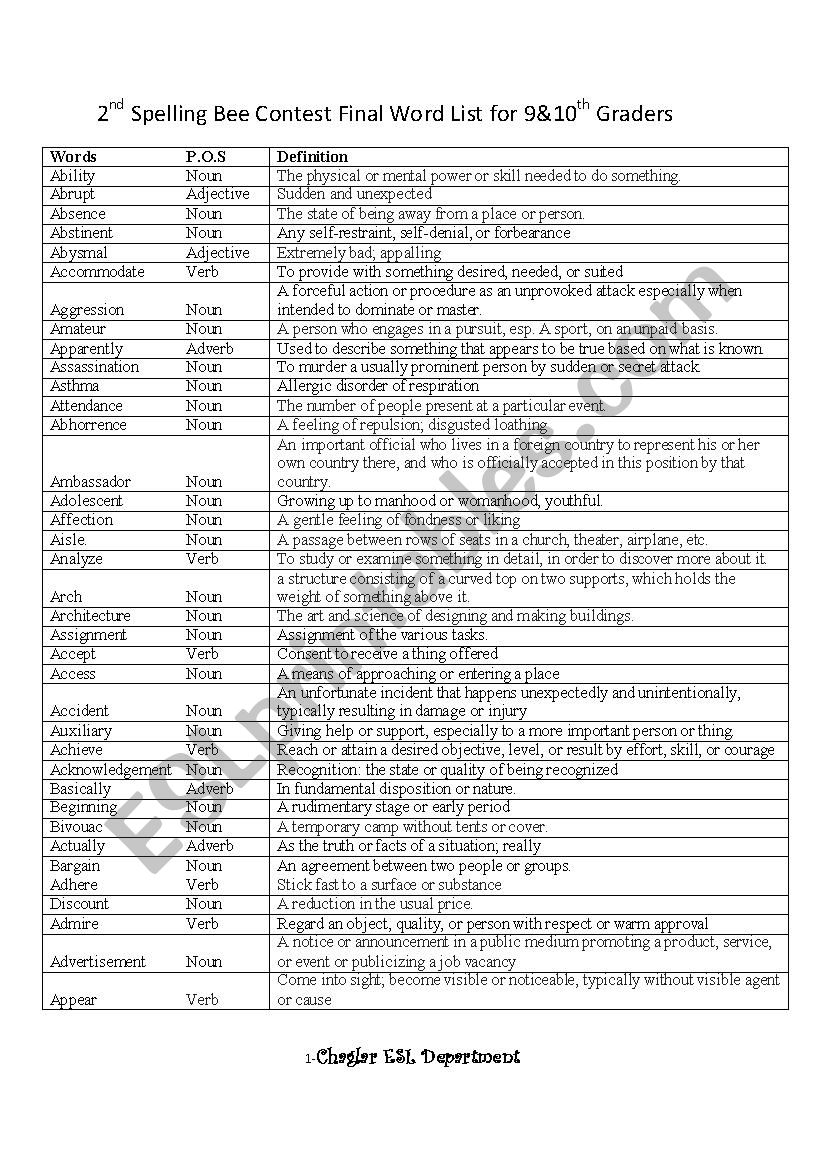 Spelling Bee words for 10-11th graders