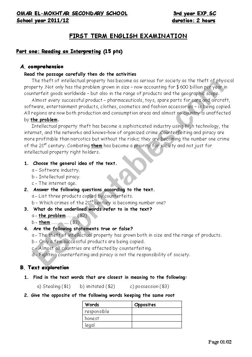 3rd year Exam worksheet