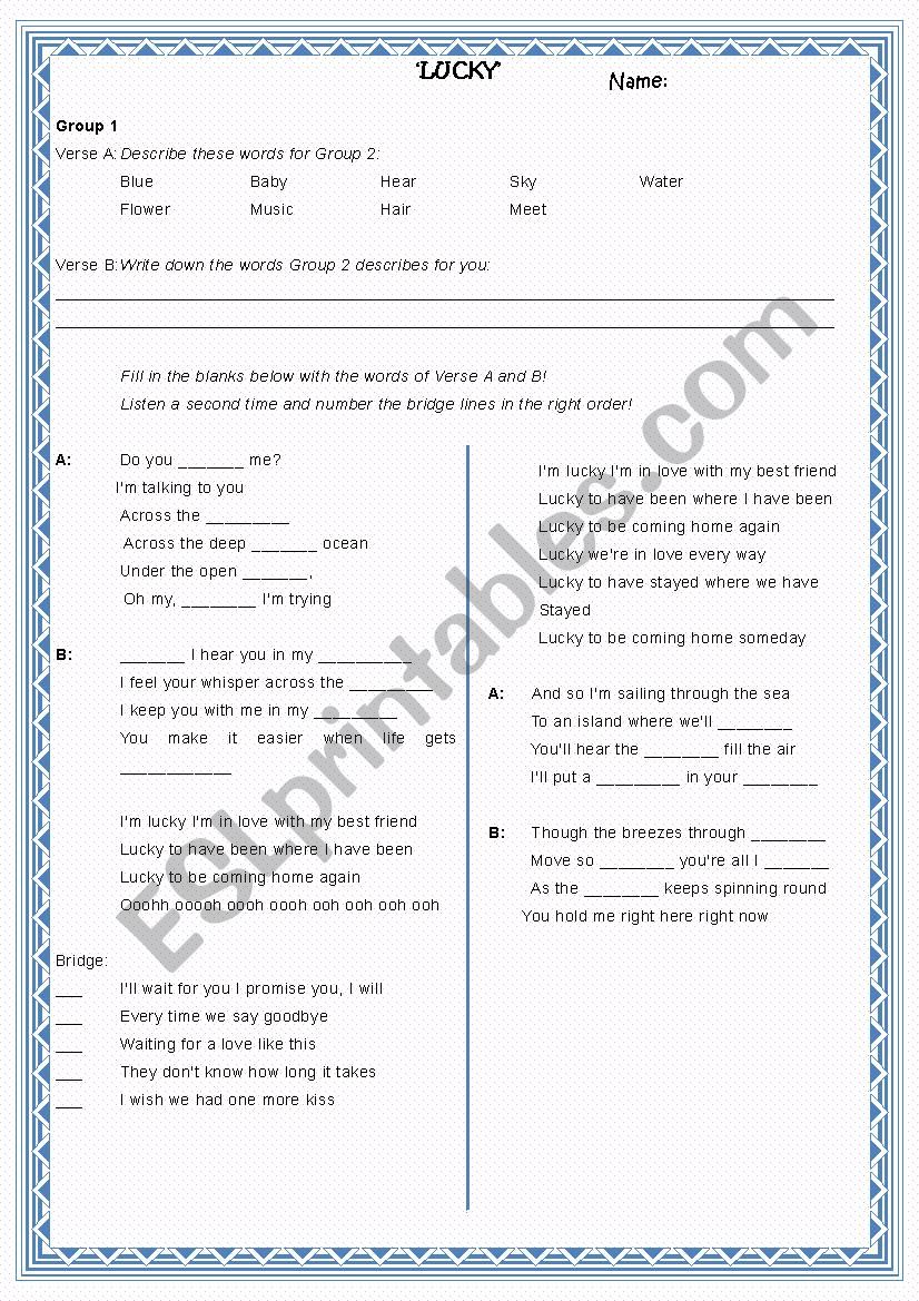 Lucky - Jason Mraz worksheet