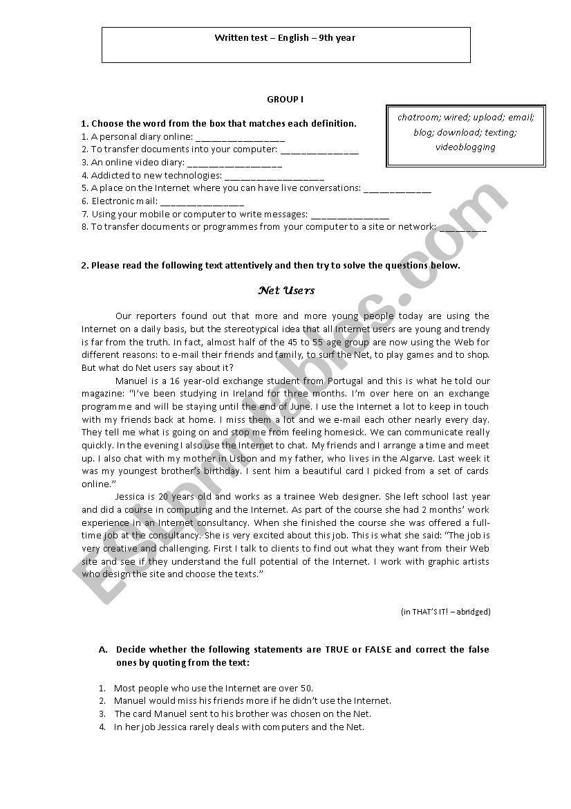 Internet test worksheet