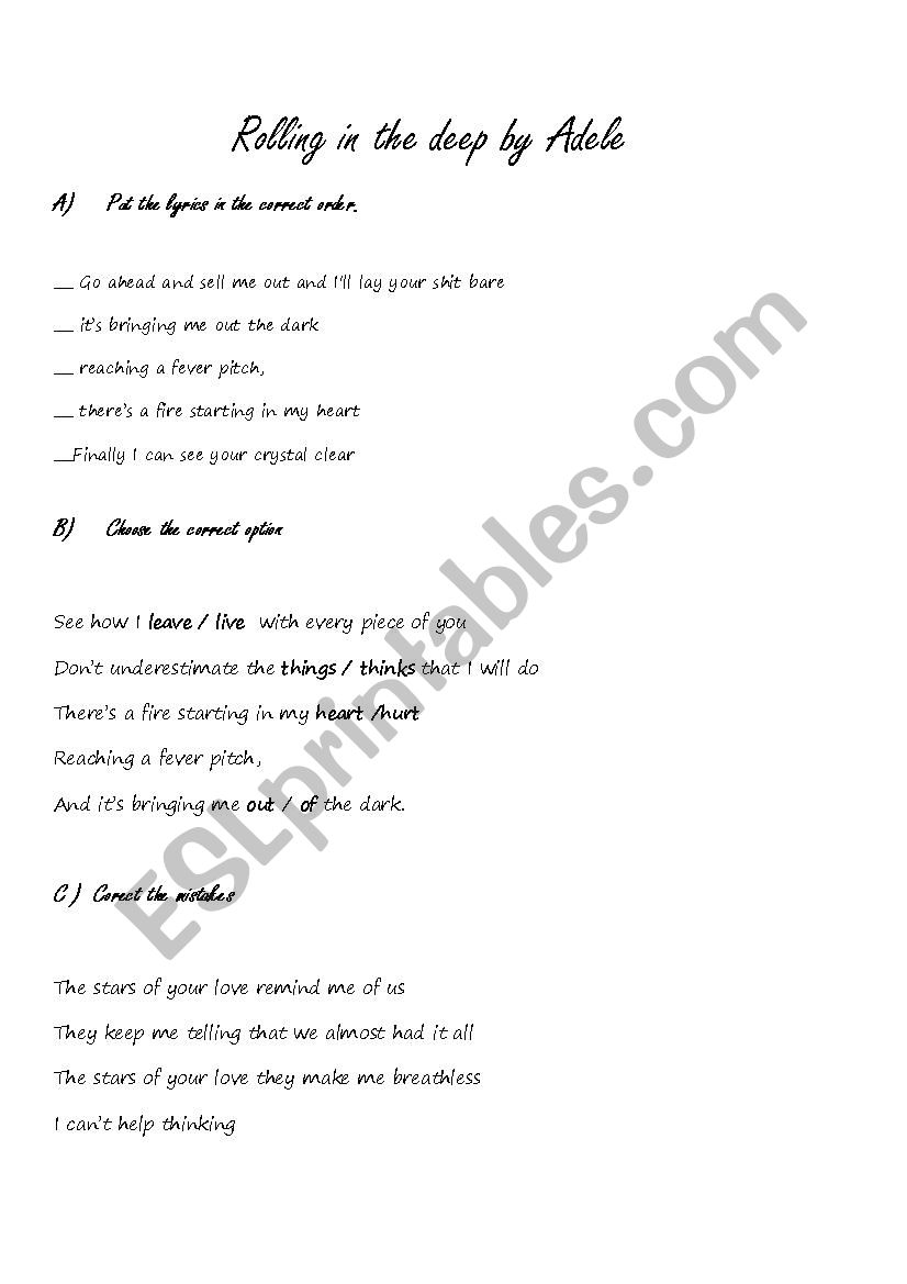 listening a song by Adele worksheet