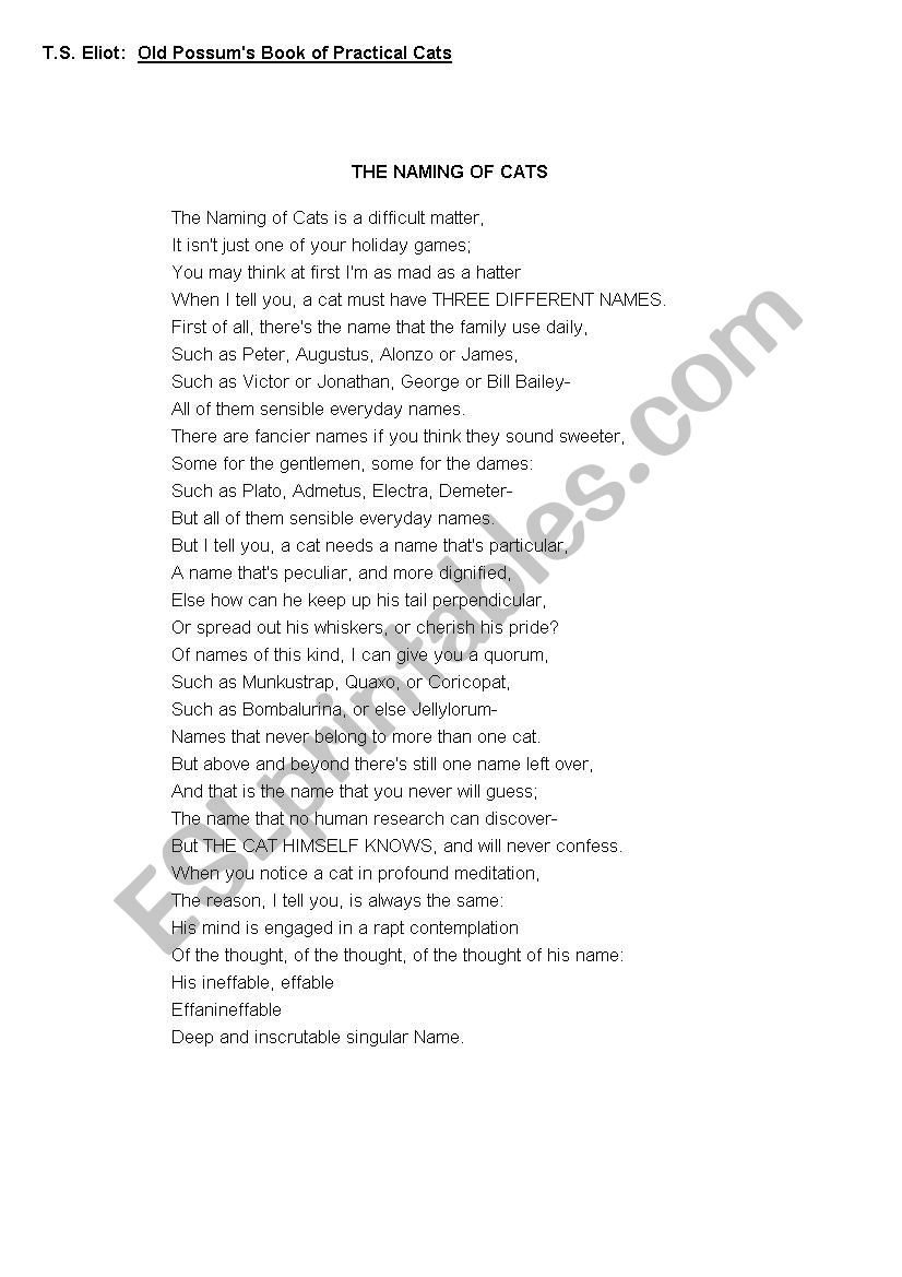 Cats Poems T S Eliot Reading Listening Comprehension Esl