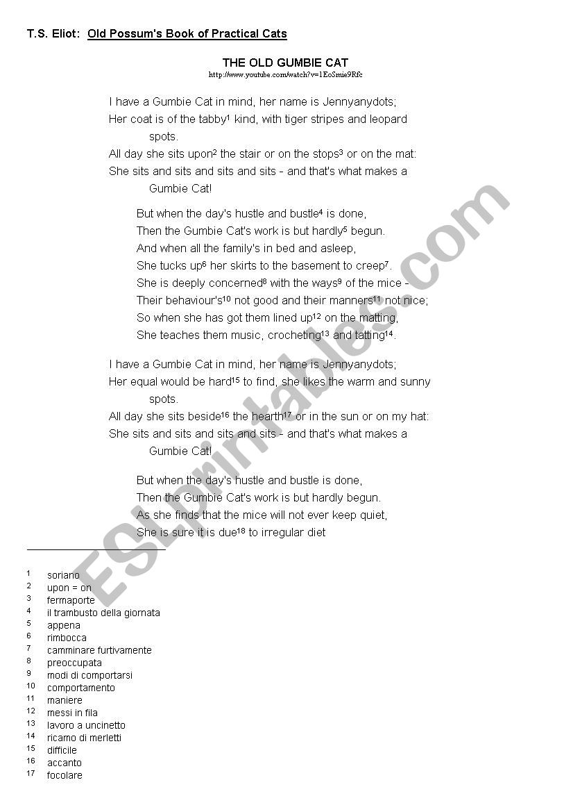 Cats Poems T S Eliot Reading Listening Comprehension Esl