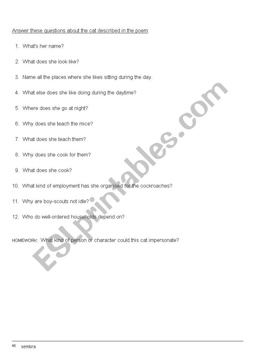 Cats Poems T S Eliot Reading Listening Comprehension Esl