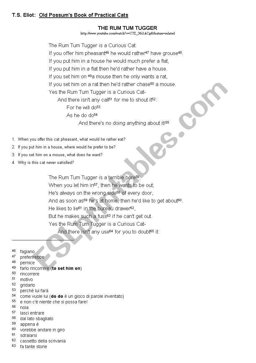 Cats Poems T S Eliot Reading Listening Comprehension Esl