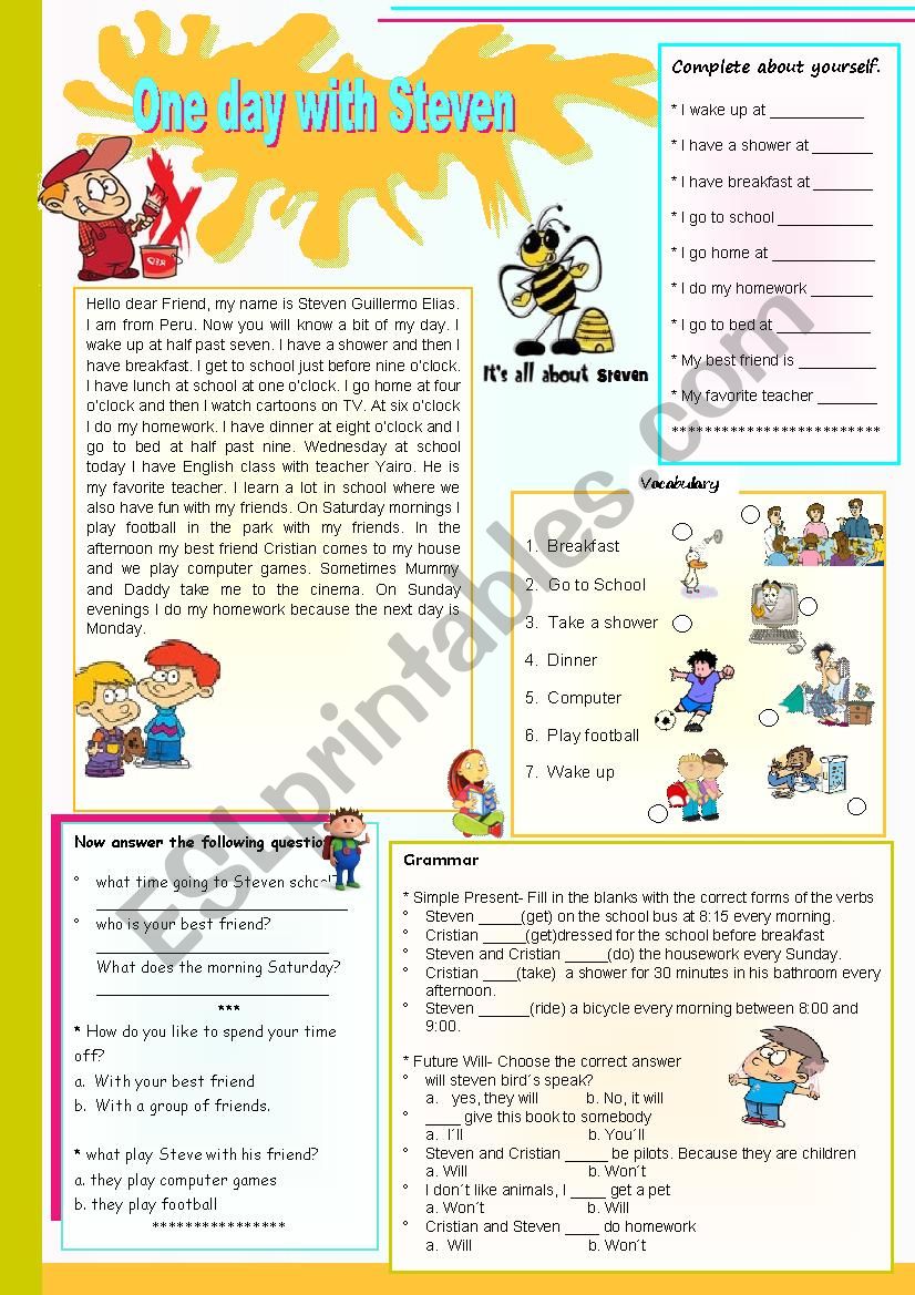 A day with Steve Activities for Childrens & Comprehension- Writing - Vocabulary and Grammar