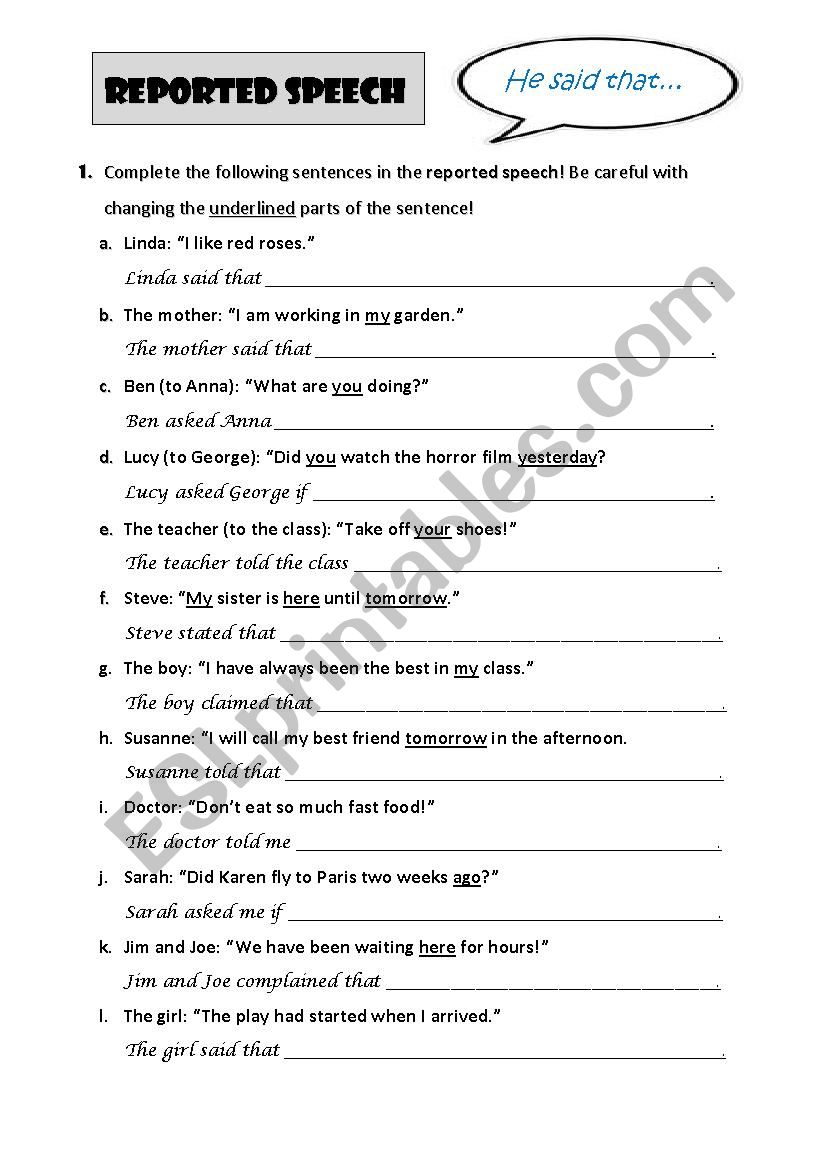 Reported speech worksheet