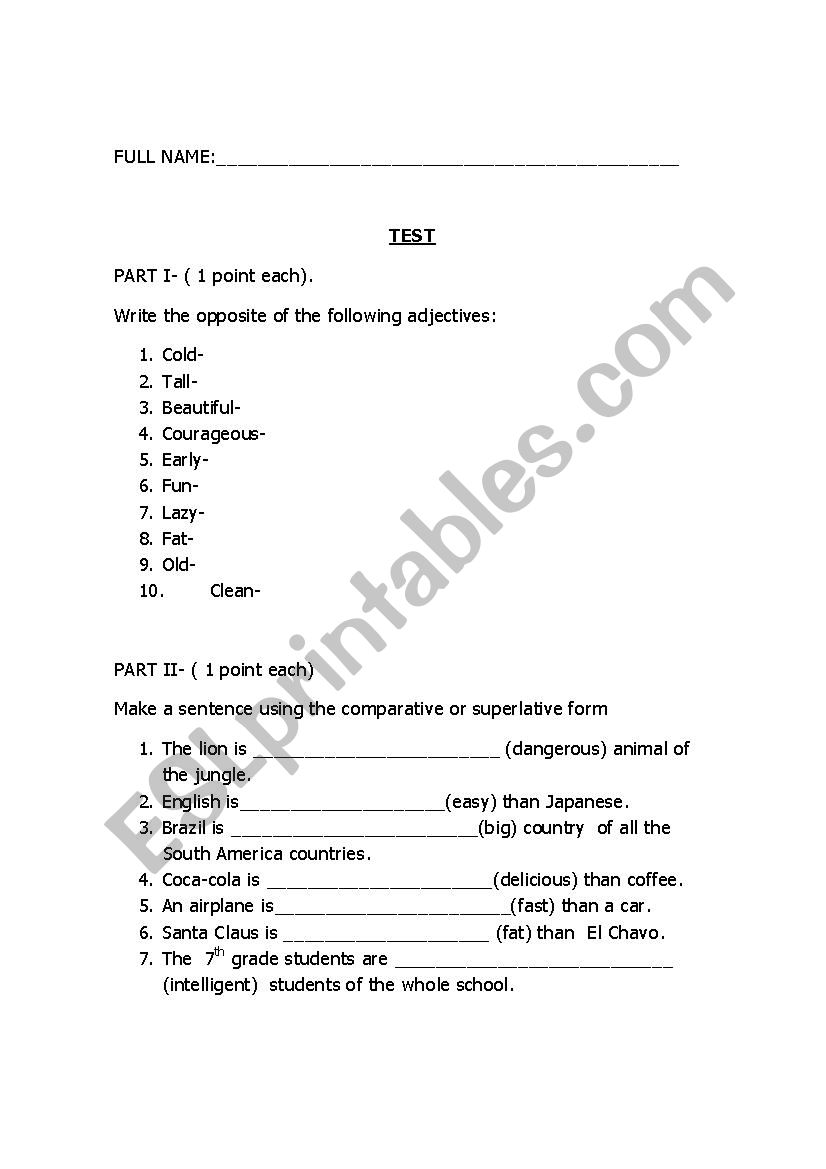 comparatives and superlatives worksheet