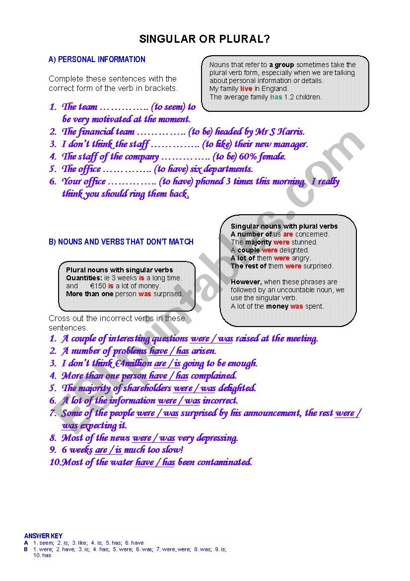 Singular or Plural worksheet