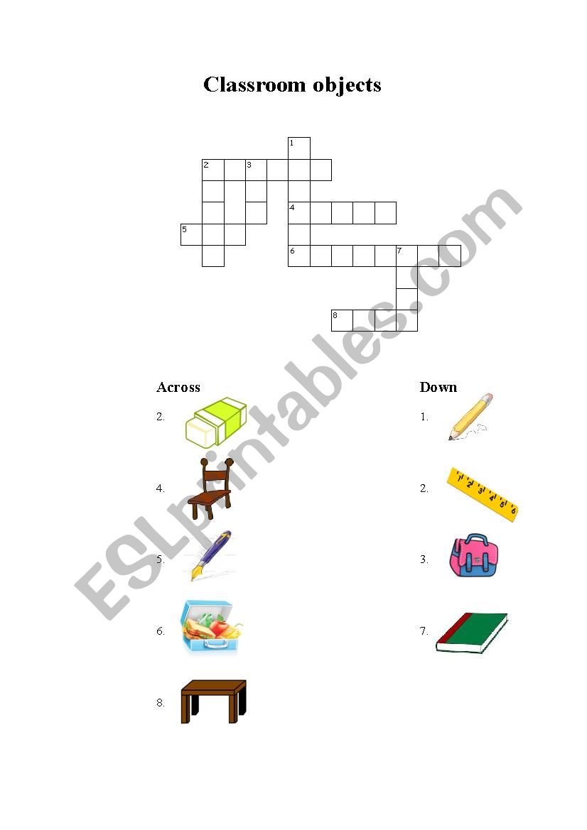 Classroom object crossword worksheet