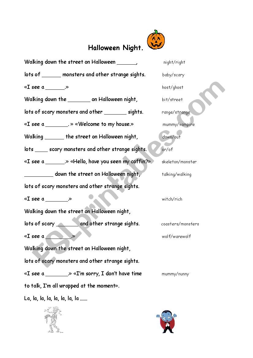 HALLOWEEN NIGHT SONG GAP-FILLING WORKSHEET