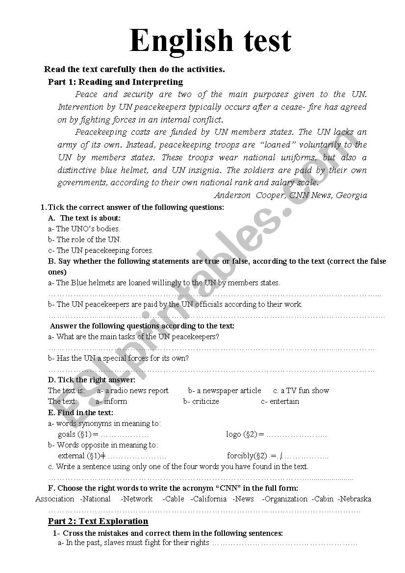 English test worksheet