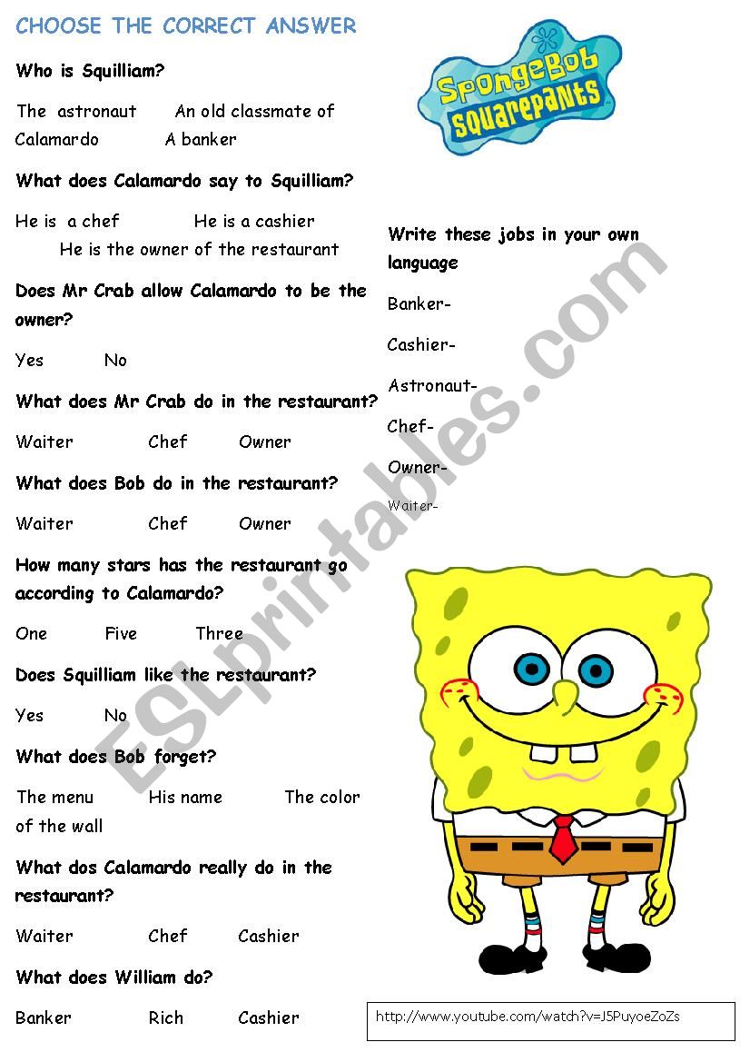 SPONGE BOB SQUILLIAM RETURNS worksheet