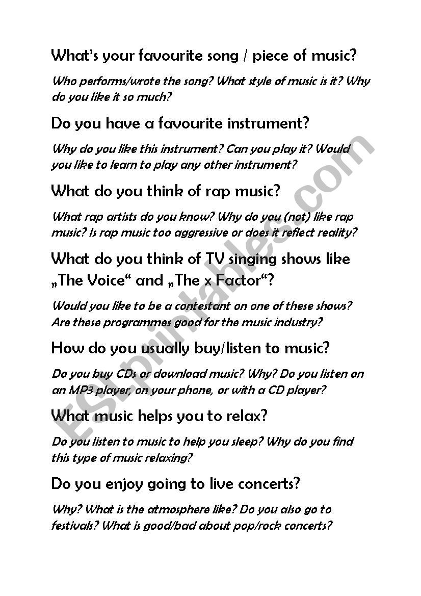 Music and music preferences pairwork discussion activity