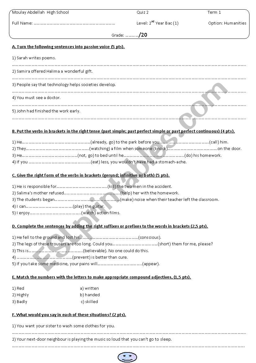 Test of language worksheet