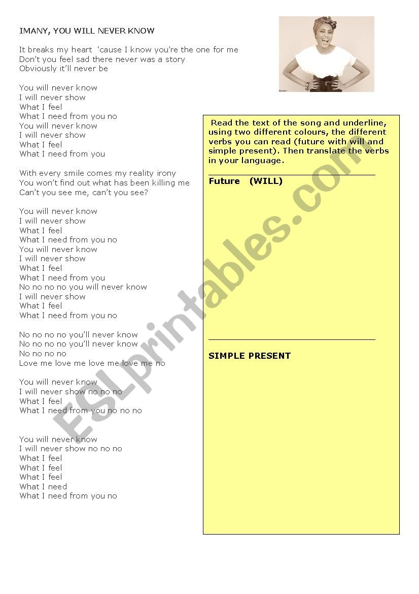 YOU WILL NEVER KNOW - IMANY worksheet