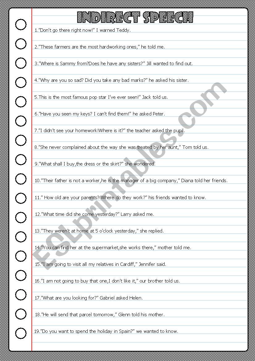 indirect speech 10 worksheet