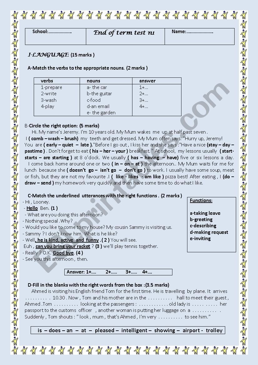 End of term test1 worksheet