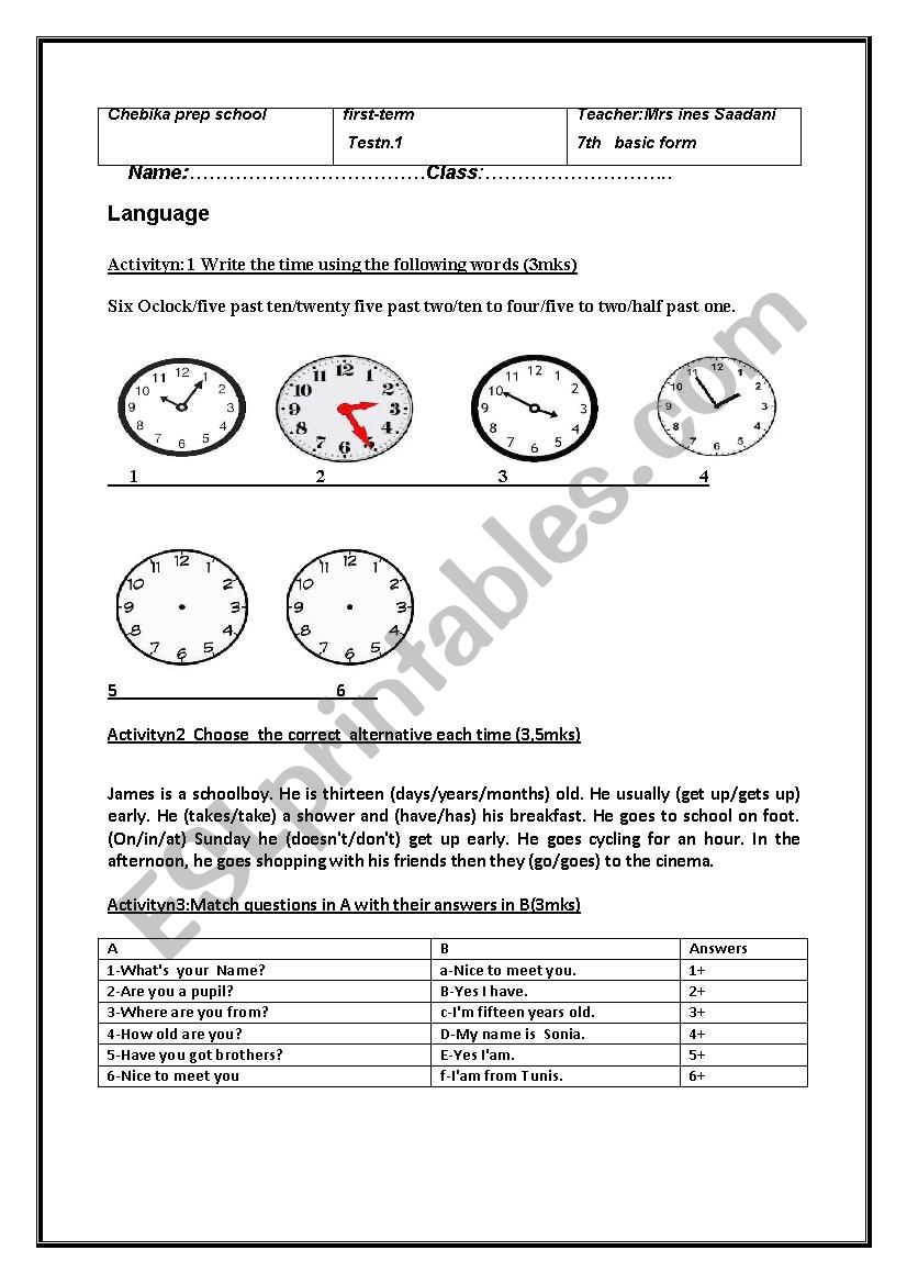 an exam worksheet